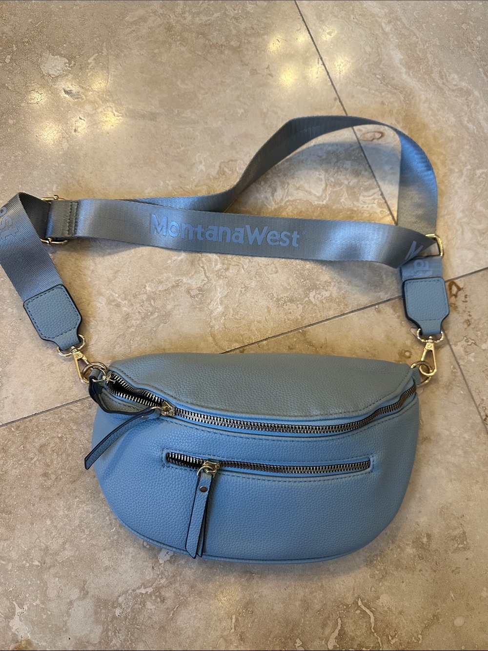 Montana West Dusty Blue Pebbled Leather Crossbody Belt Bag